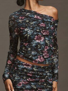 By Anthropologie Mesh Long-Sleeve Floral Romantic Asymmetric Top